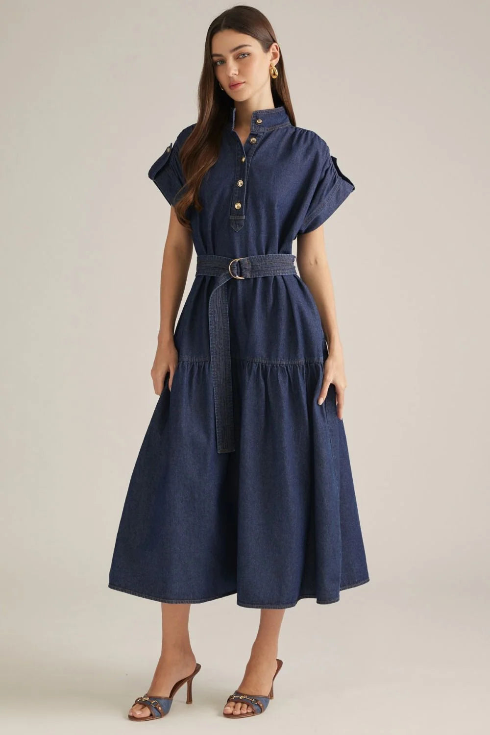 Dark Wash Denim Midi Dress with Belt