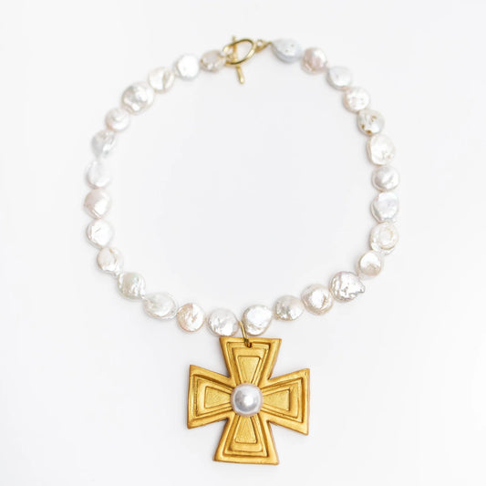 Mother of Pearl with Pearl Anna Cross Necklace
