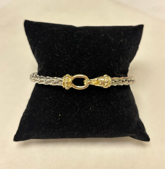 Two-tone Rhodium Braided Bracelet with Gold Beaded Hook Closure