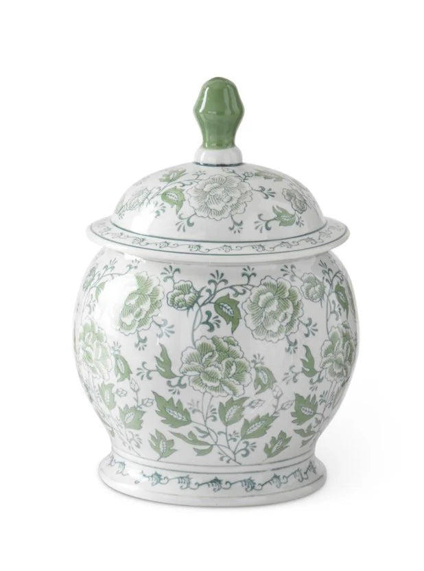 Green & White Florral Ceramic Ginger Jar
