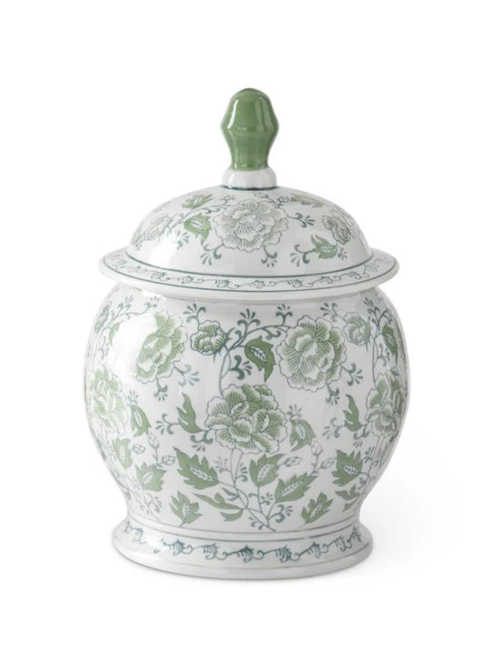 Green & White Florral Ceramic Ginger Jar