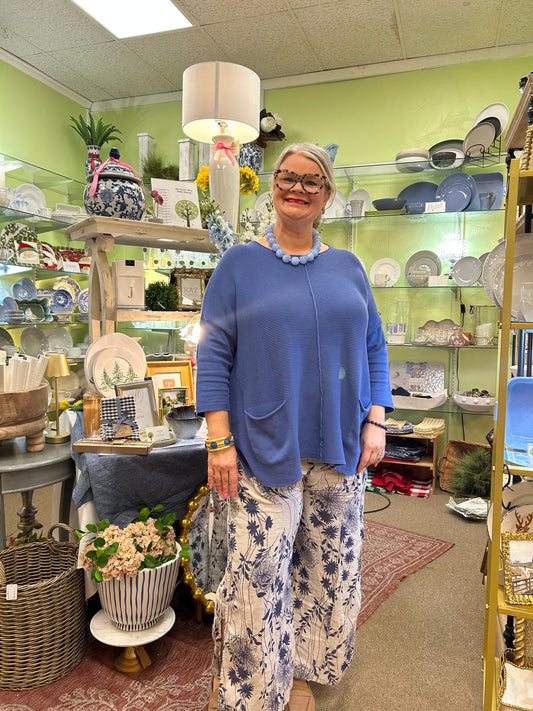 Blue Floral Linen Pants