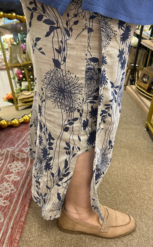 Blue Floral Linen Pants