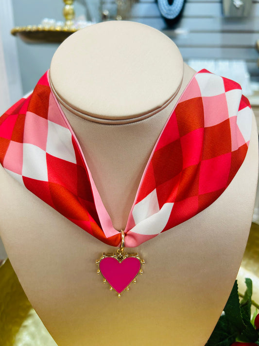 Red and Pink Scarf with Pink Heart Charm