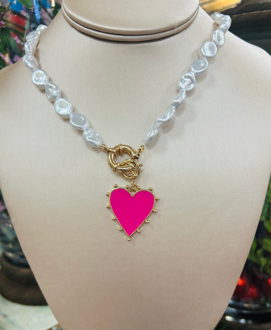 Hot pink heart on Pearl necklace
