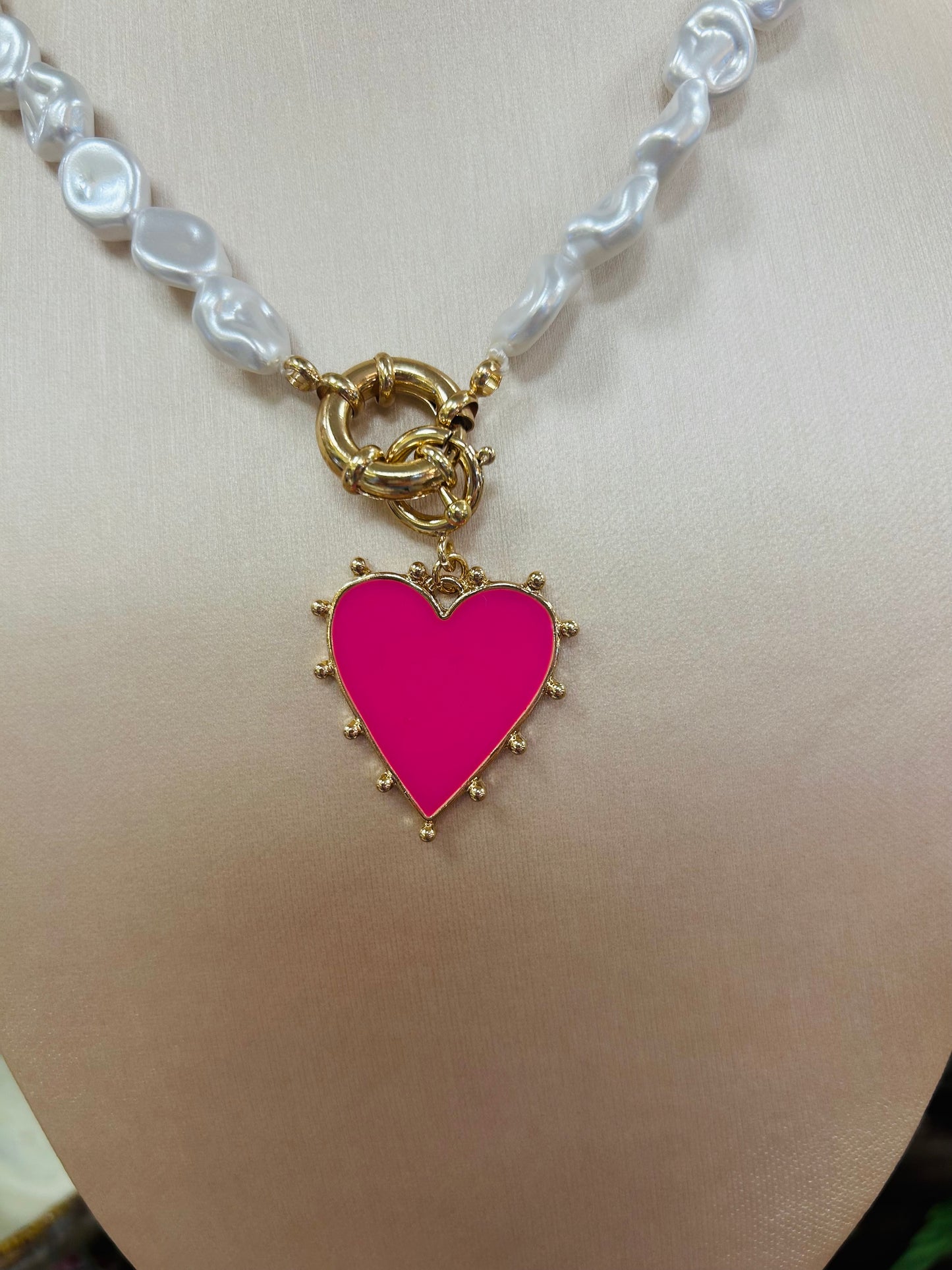 Hot pink heart on Pearl necklace