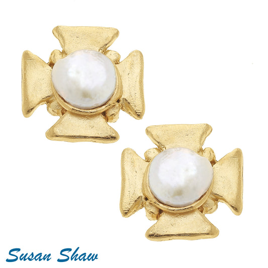 Gold Cross with Freshwater Pearl Earrings 1828W