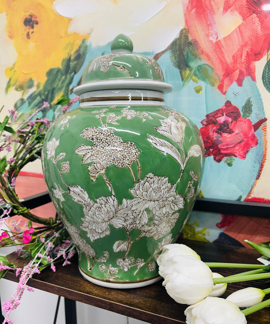 Green & White Floral Peony Ceramic Chinoiserie Jar 12"