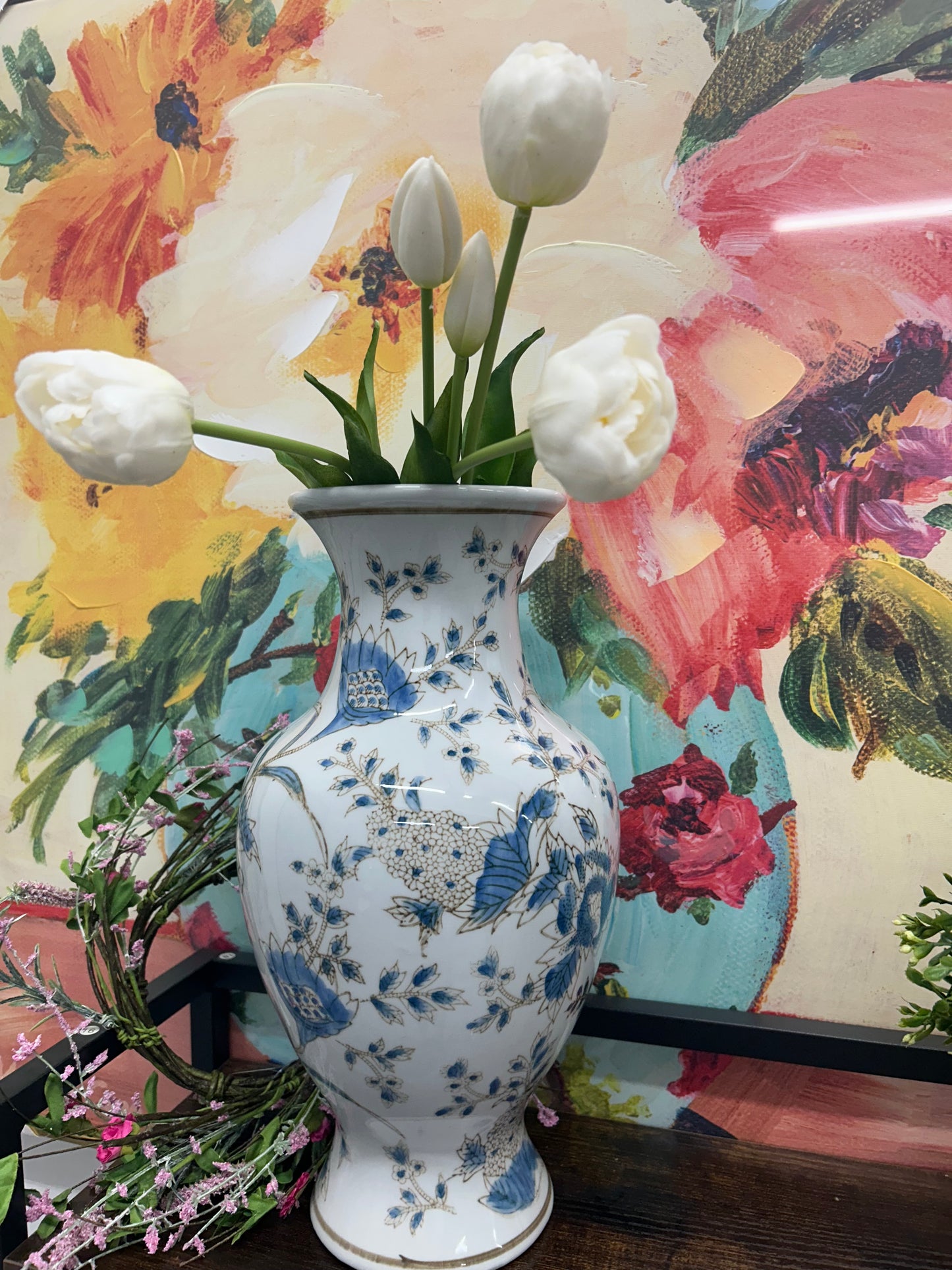 White and Blue Chinoiserie Indoor Ceramic Vase 14"