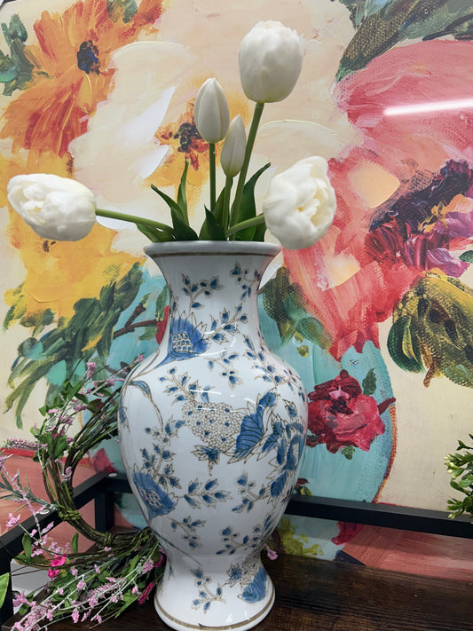 White and Blue Chinoiserie Indoor Ceramic Vase 14"