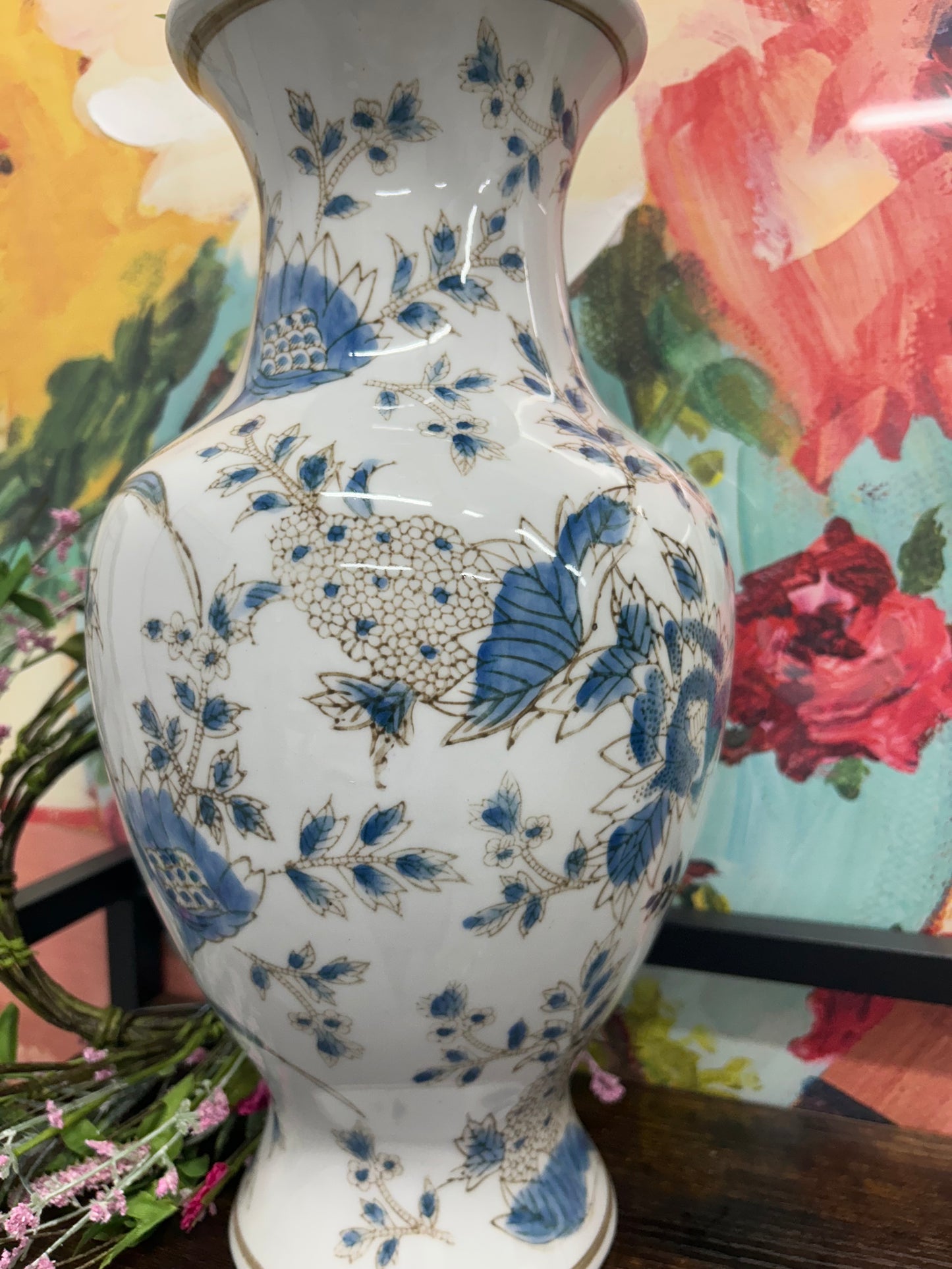 White and Blue Chinoiserie Indoor Ceramic Vase 14"