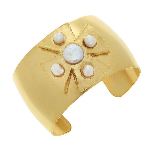 Handcast Gold Cross with Freshwater Pearl Cuff Bracelet 2130W