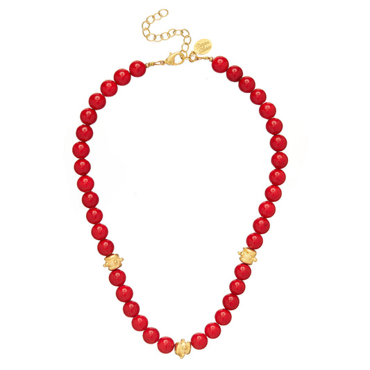 Red Coral and Gold Bead Choker Necklace 3909G