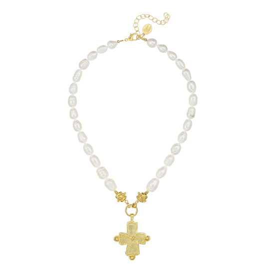 Handcast Gold Cross on Freshwater Pearl Necklace 3913W