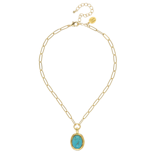 Oval Turquoise Stone on Paperclip Necklace 3181TQ