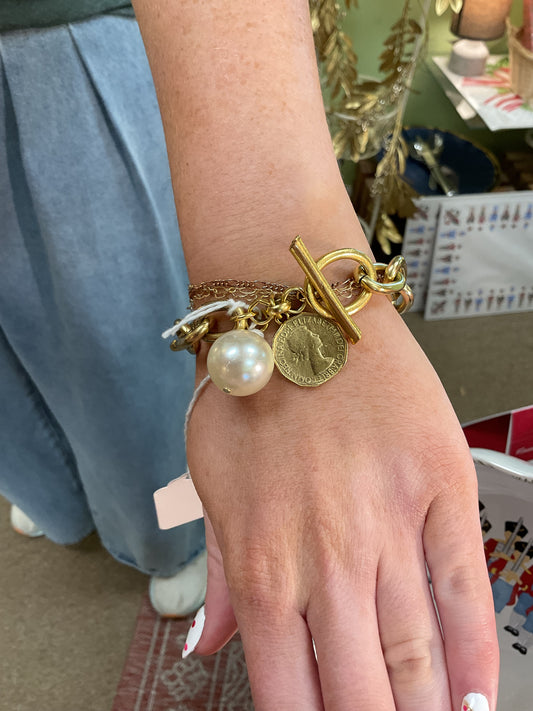 Gold Coin and Pearl Link Bracelet