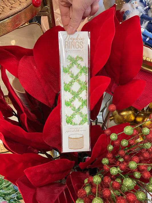 Hand painted Holly with Berries Trellis Napkin Rings