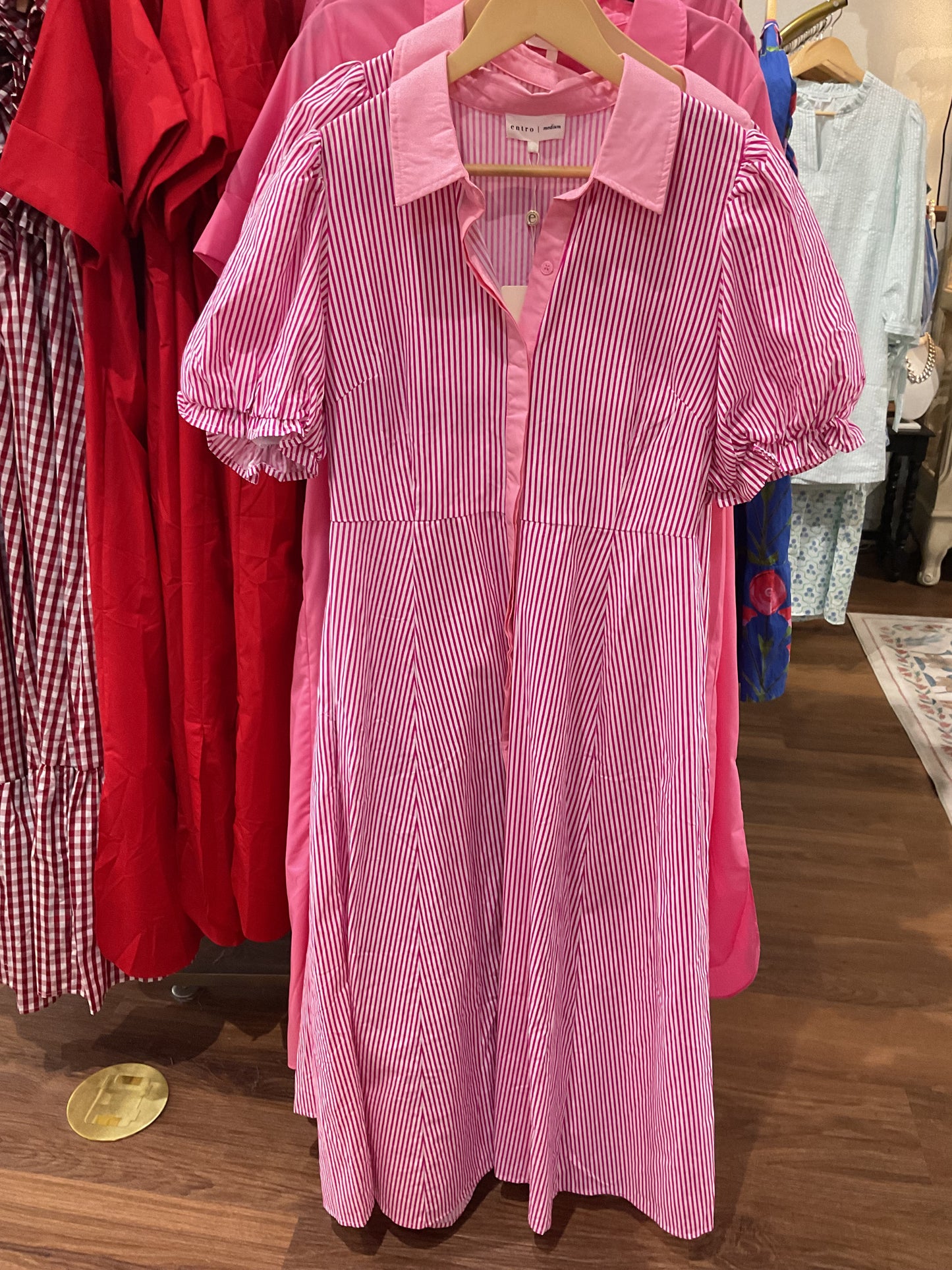 Dark Pink Stripe Bubble Sleeve Dress