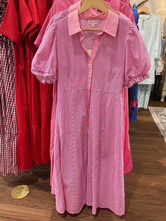 Dark Pink Stripe Bubble Sleeve Dress