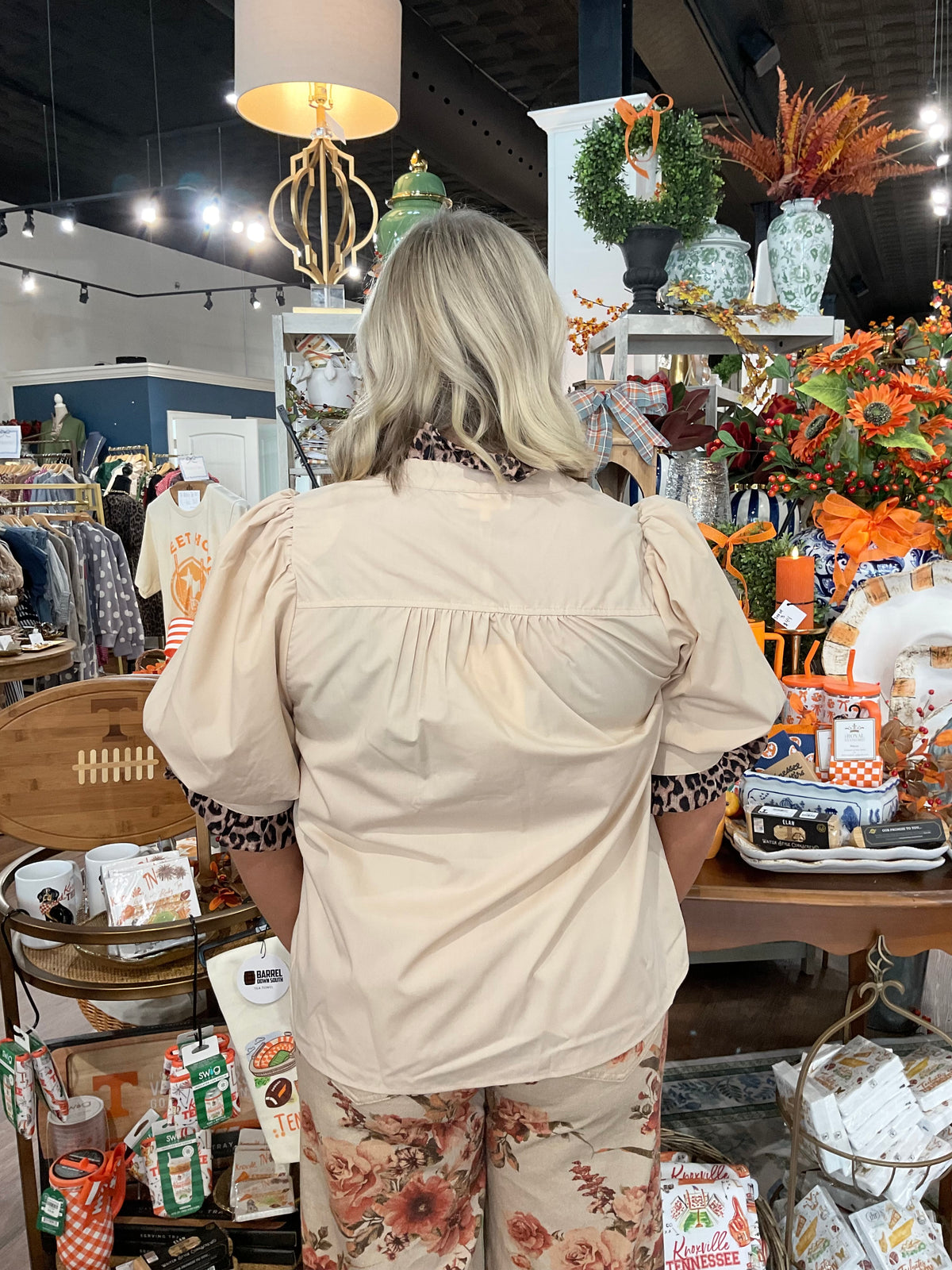 Cream Leopard Trim Puff Sleeve Blouse