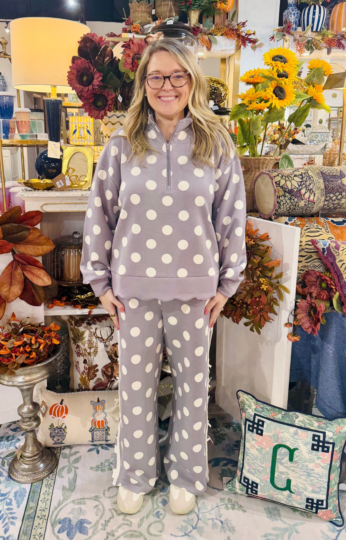 Simply Southern Grey Polka Dot Zip-Up Pullover