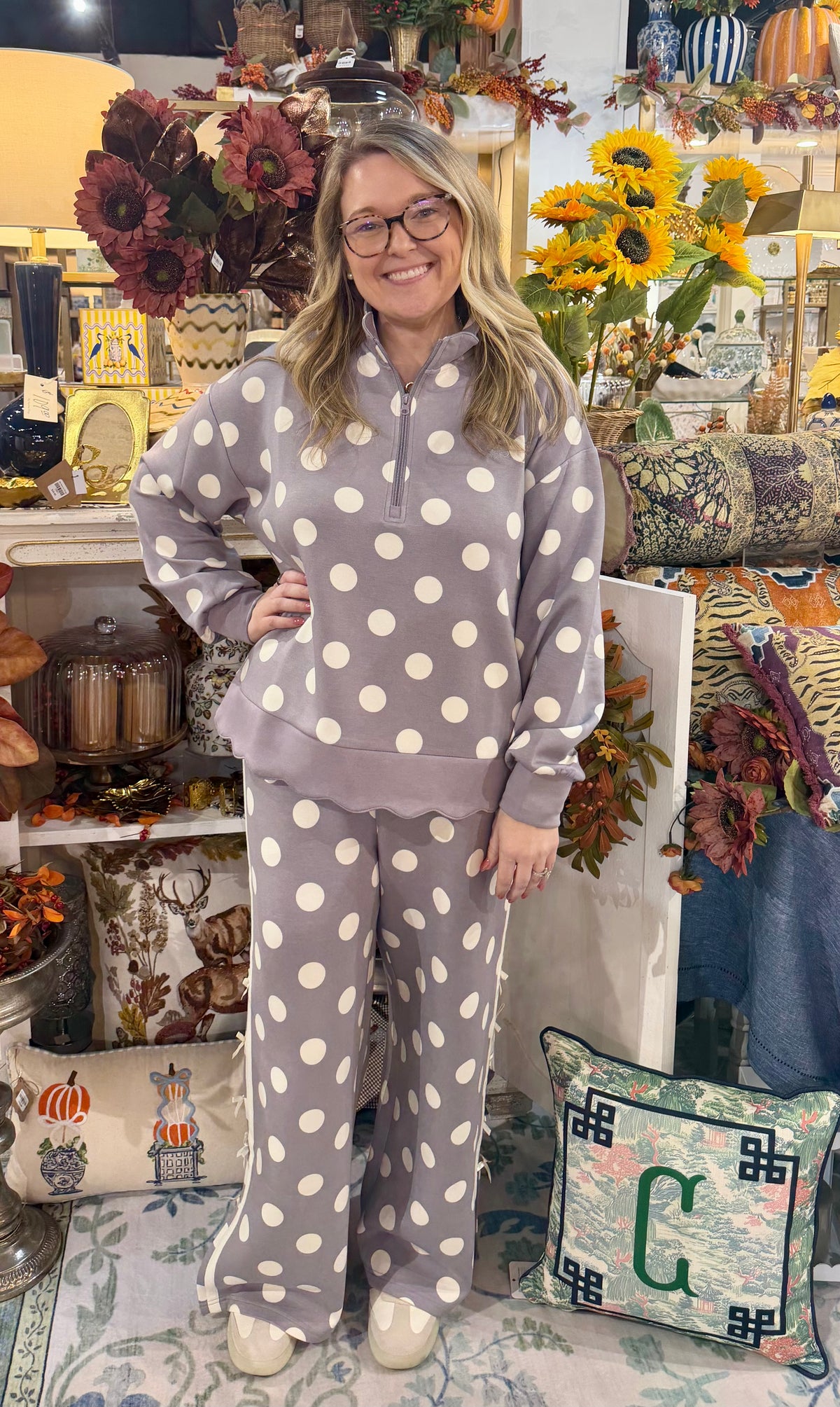 Simply Southern Grey Polka Dot Zip-Up Pullover