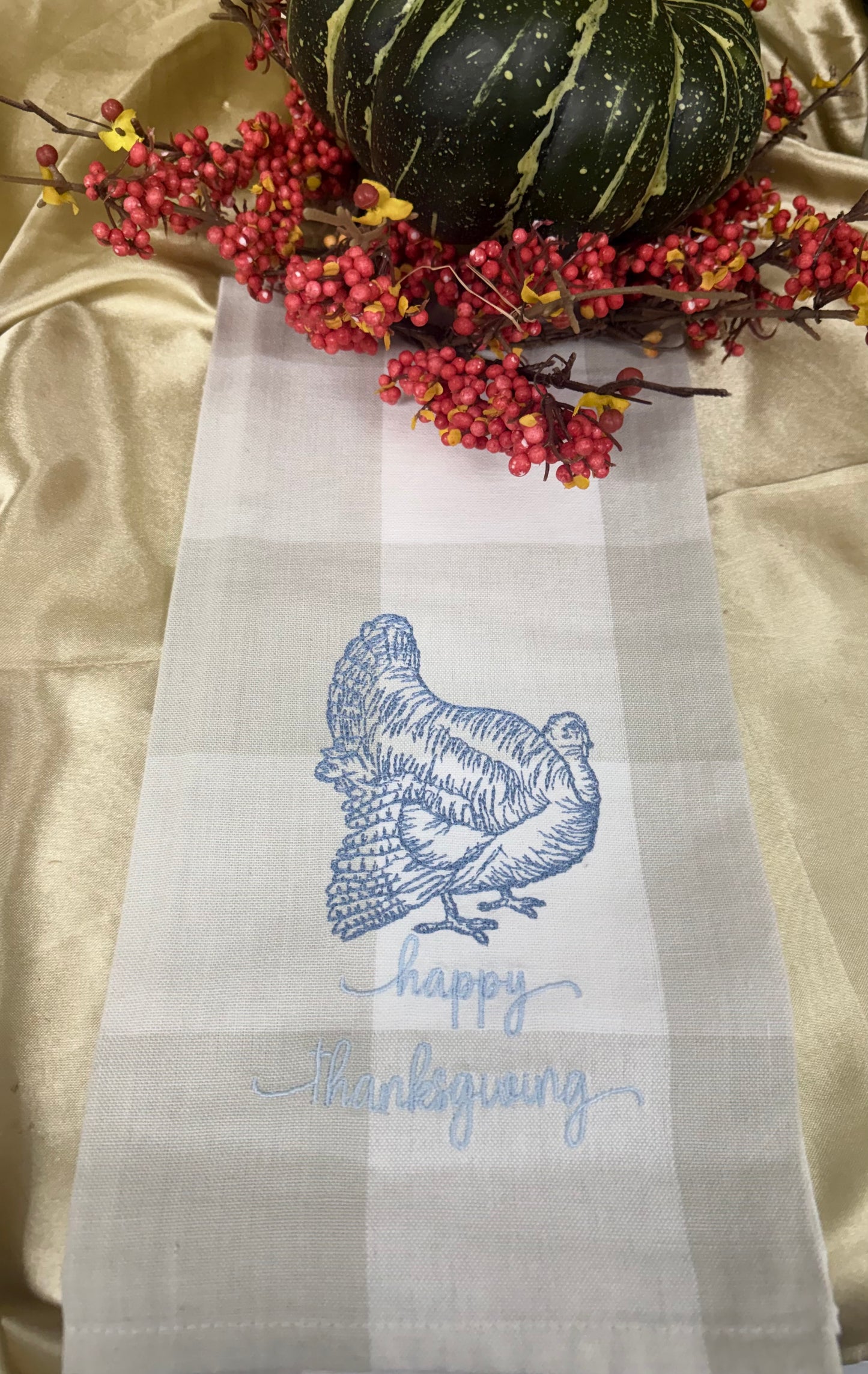Brown Plaid Happy Thanksgiving Tea Towel