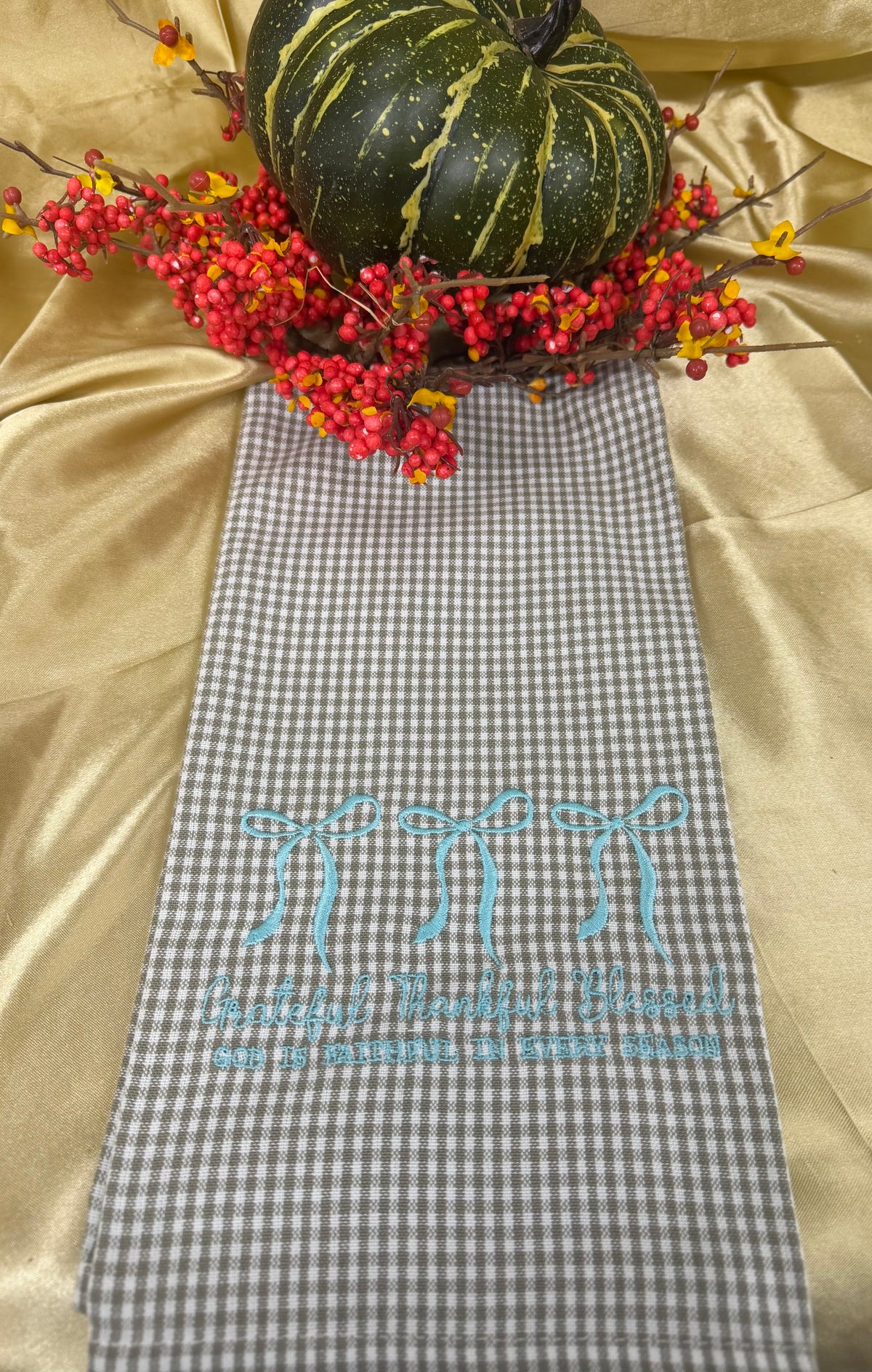 Brown Gingham & Blue Bow Tea Towel