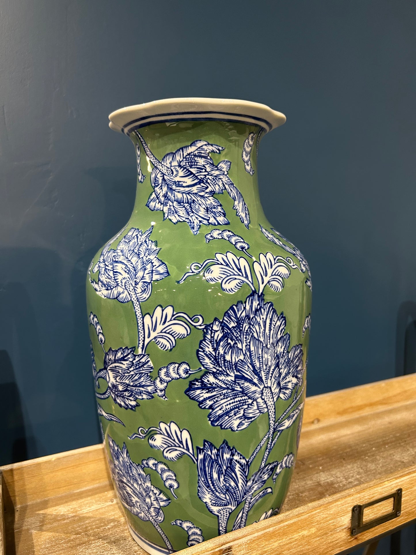 Blue Green & White Floral Ceramic Vase