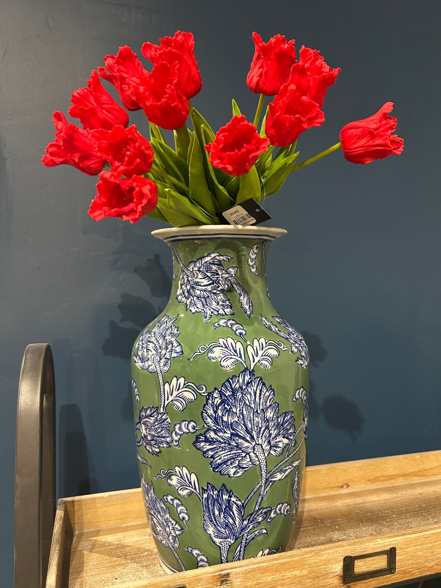 Blue Green & White Floral Ceramic Vase