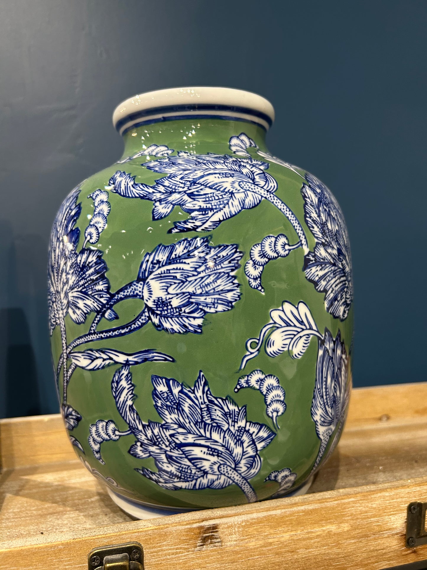 Blue Green & White Floral Ceramic Vase