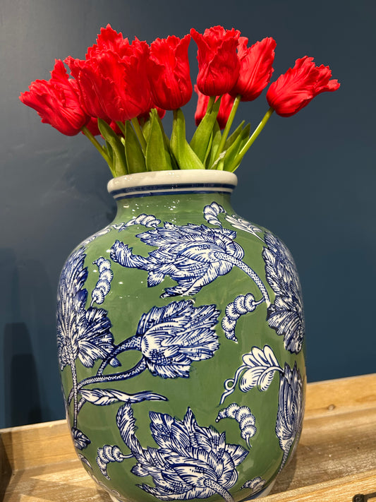 Blue Green & White Floral Ceramic Vase