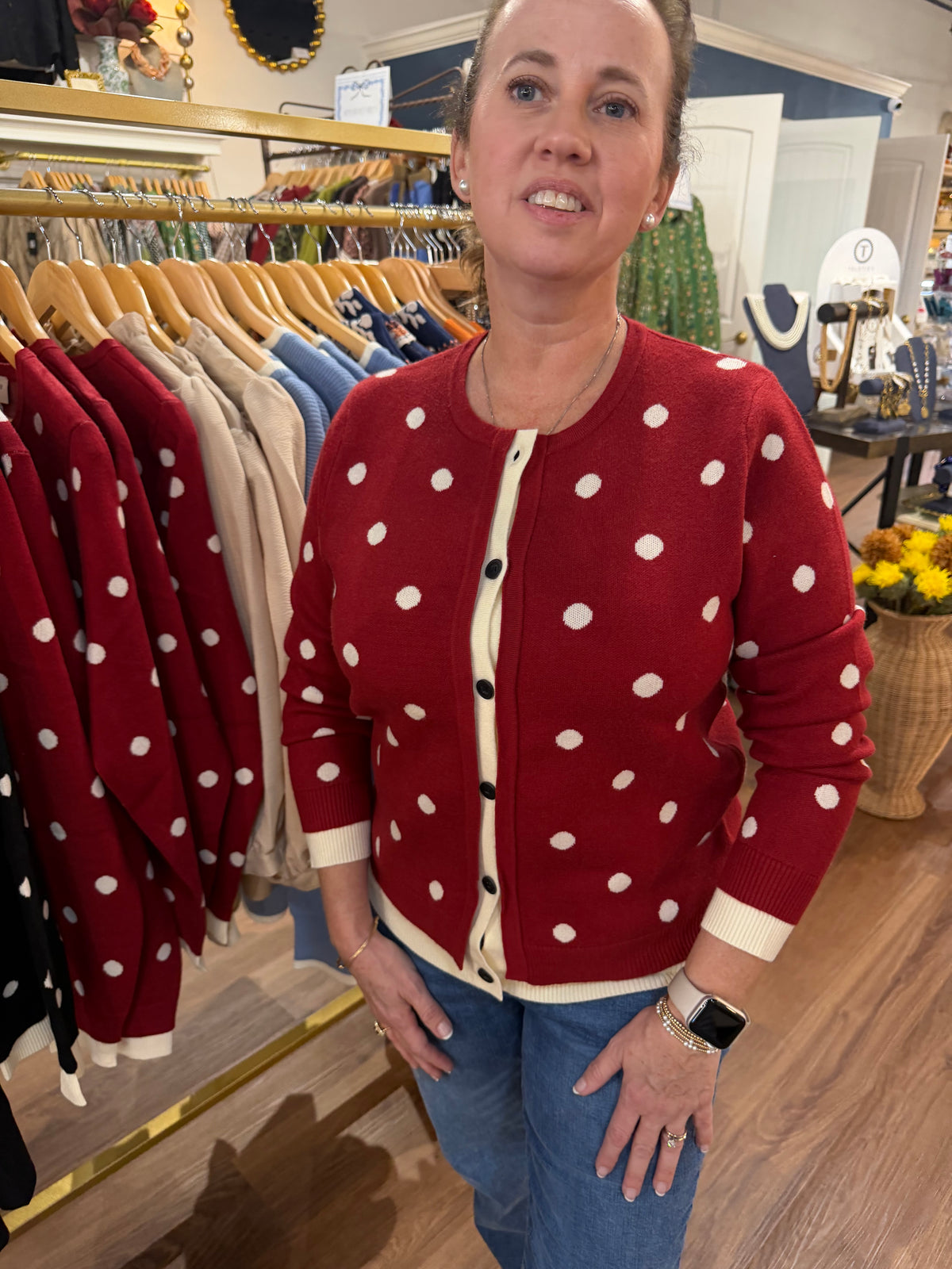 Red Polka Dot Button Front Cardigan