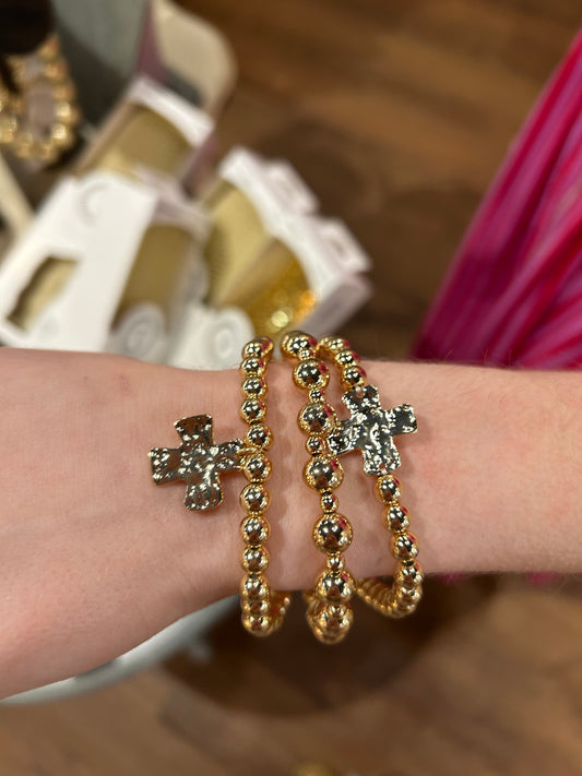 Gold Beaded Bracelet Set With Gold Cross