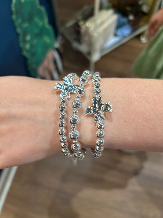 Silver Beaded Bracelet Set With Silver Cross