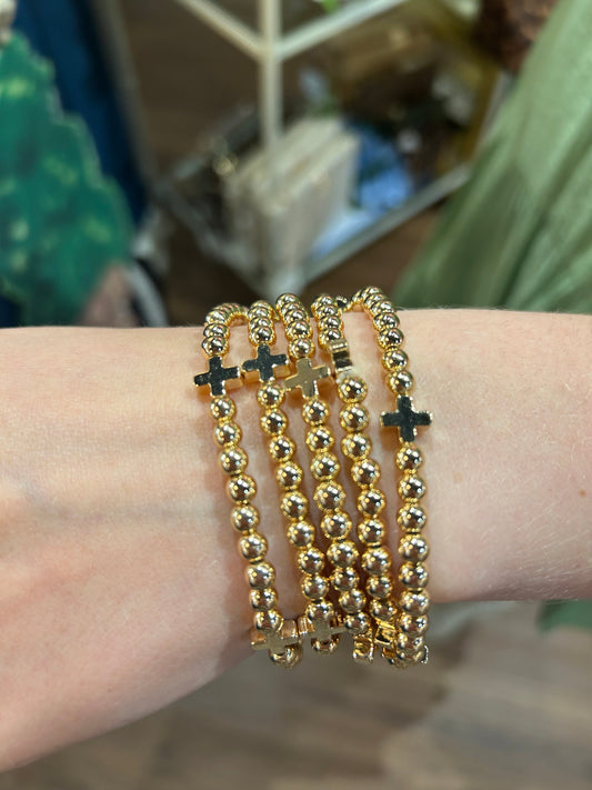 Gold Mini Cross Beaded Bracelet Set