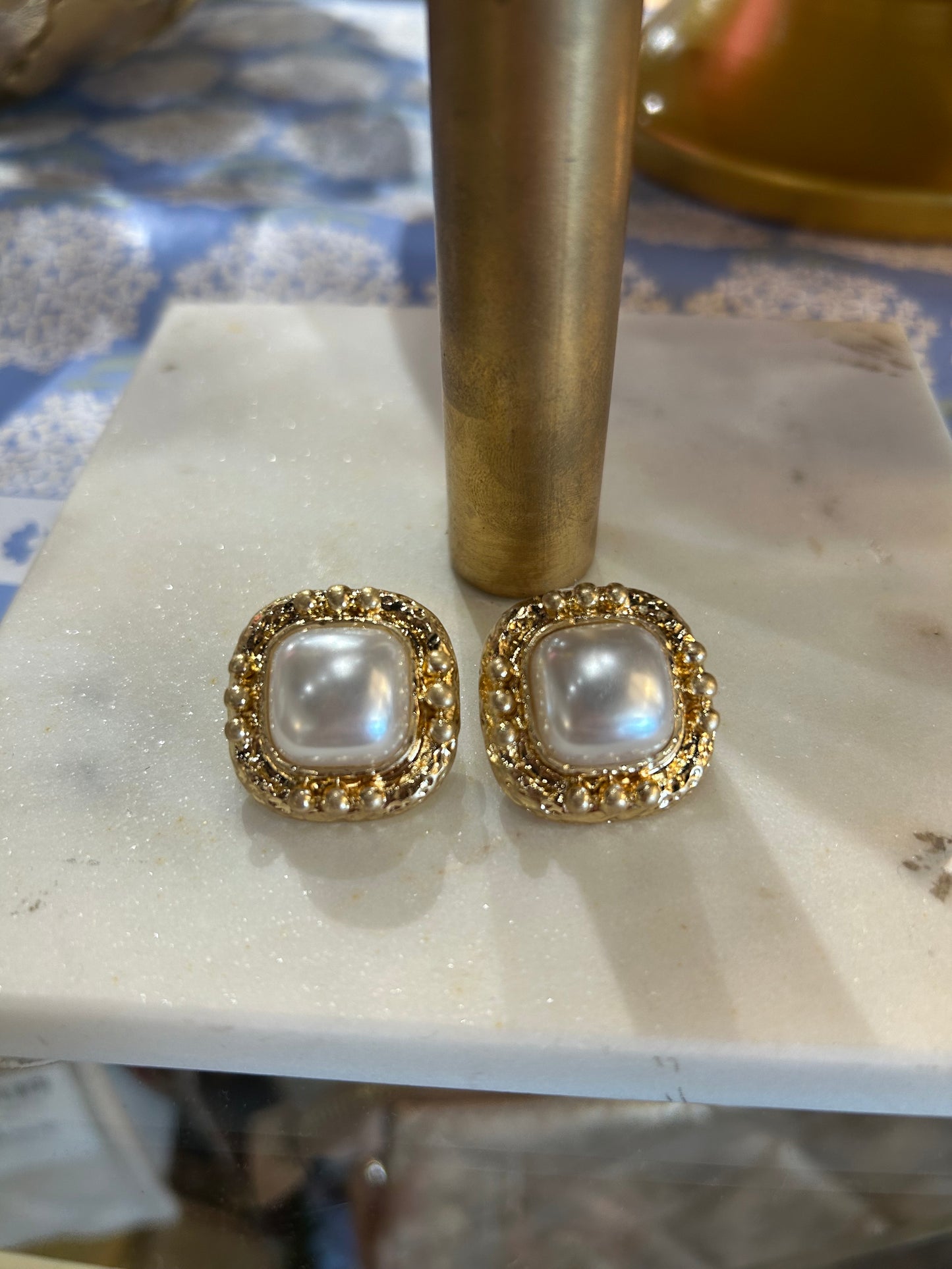 Gold Square and Pearl Earrings
