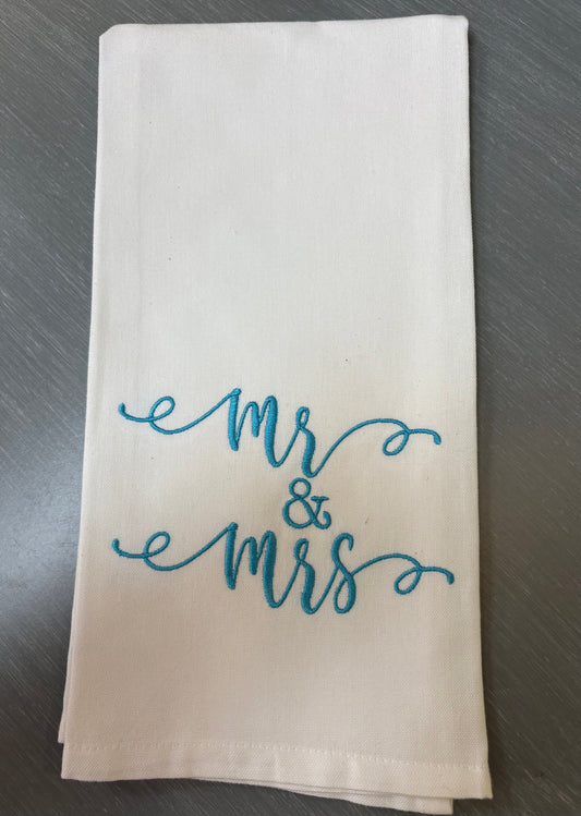 White Mr & Mrs. Tea Towel w/Aqua lettering