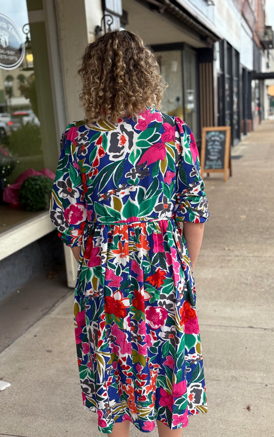 Floral Print V- Notch Peasant Dress