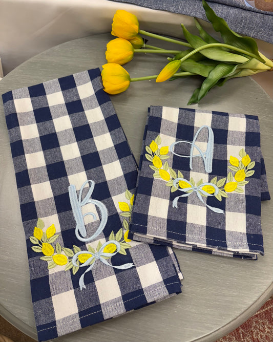 Navy Gingham Tea Towel with Lemons and Letter