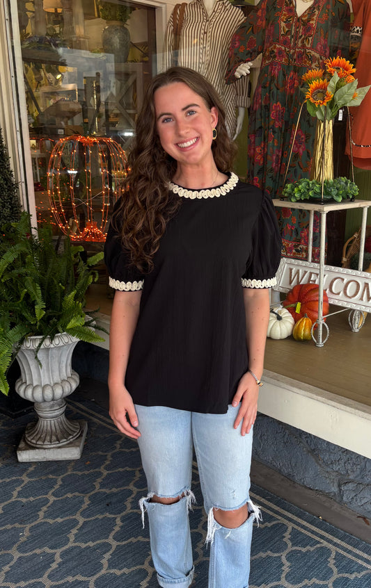 Black Top with Cream Swirl Trim