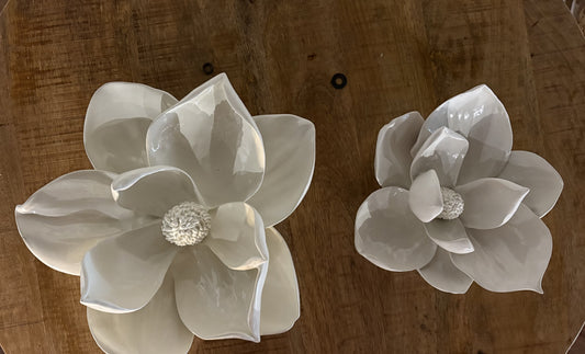 White Resin Wall Hanging Magnolia Blooms  Set/2