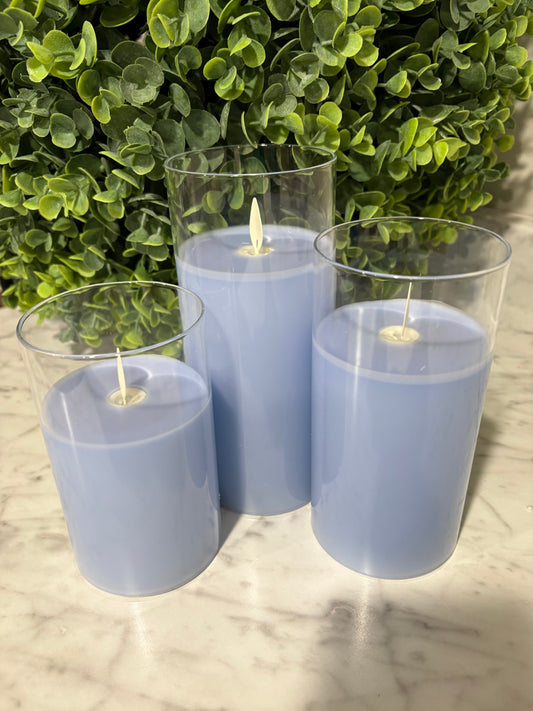 Glass  Moving Flameless LED Pillar  3 inch diameter  Set/3