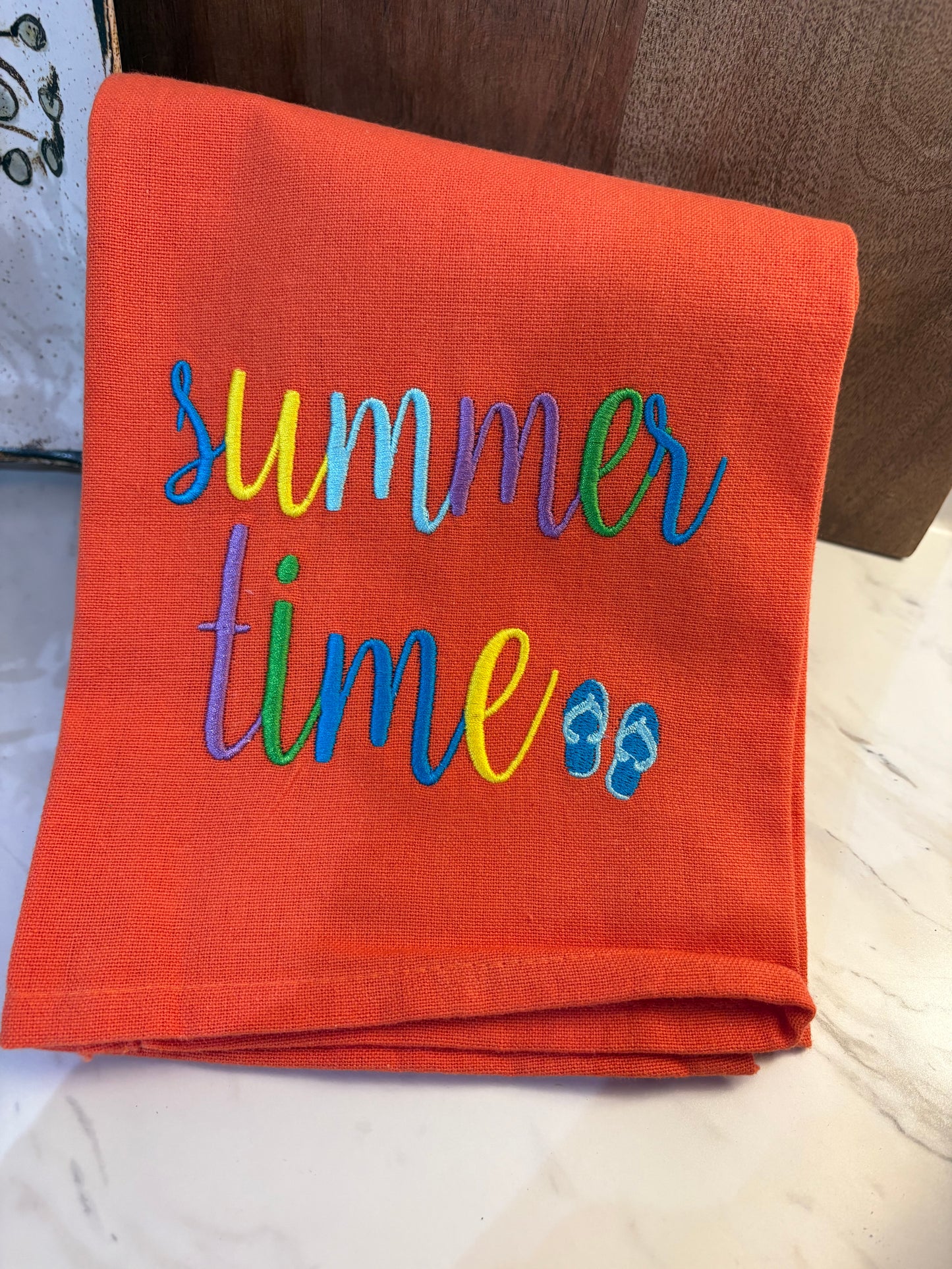 Summertime Orange Kitchen Towel w/Flip flops