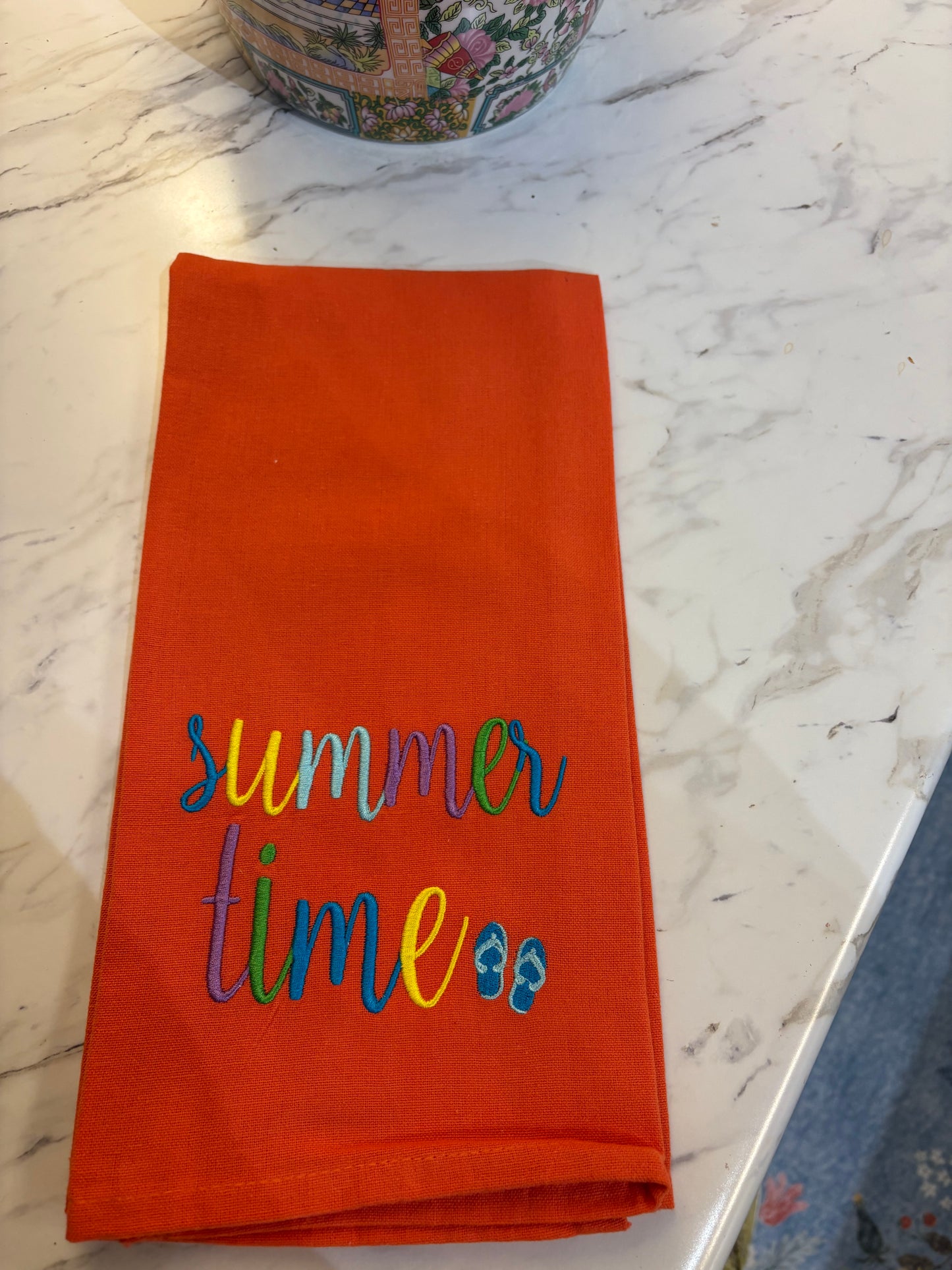 Summertime Orange Kitchen Towel w/Flip flops