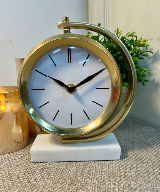 8.25 Inch Round Gold Metal Table Clock w/Rectangular White Marble Base