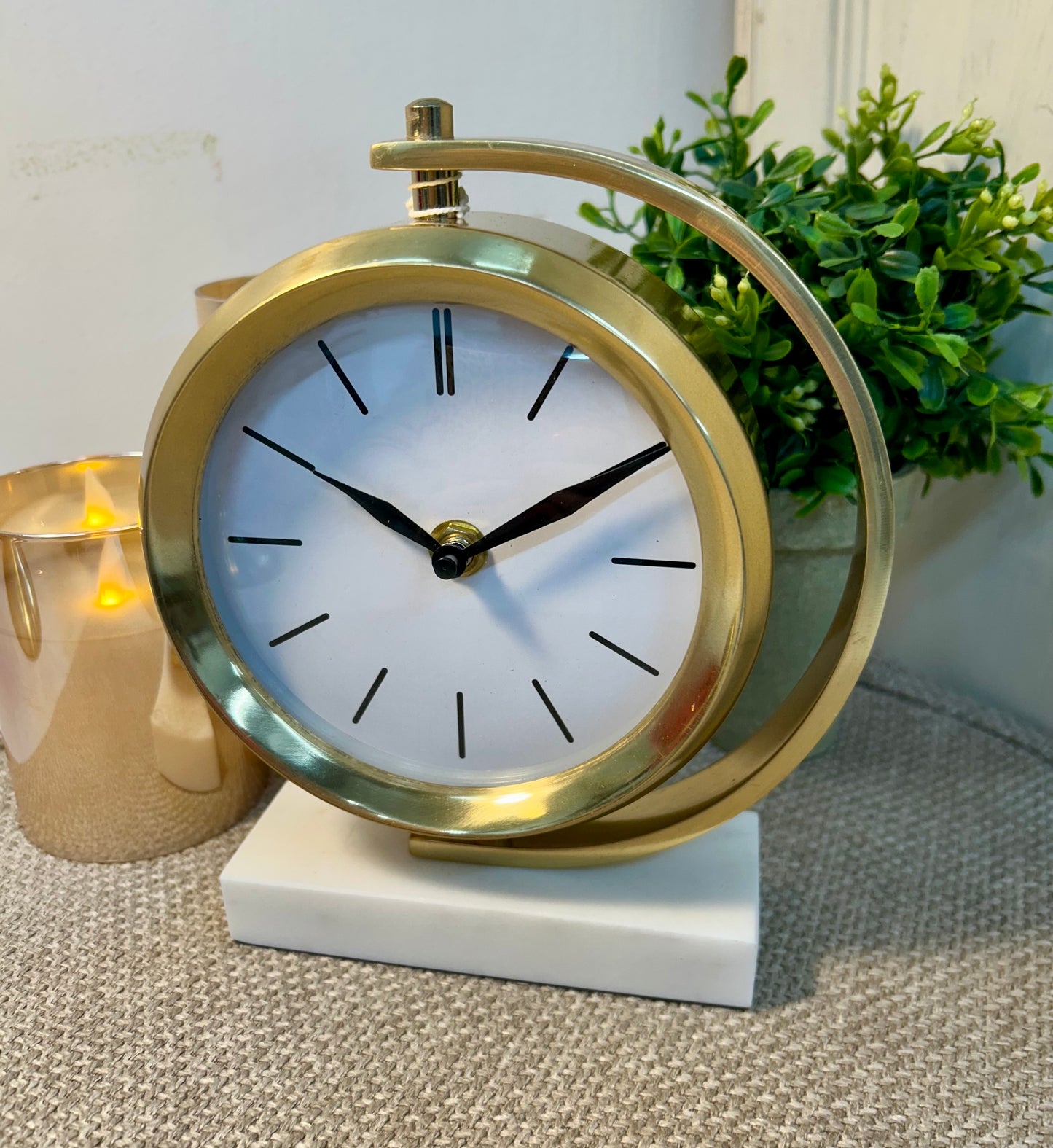8.25 Inch Round Gold Metal Table Clock w/Rectangular White Marble Base