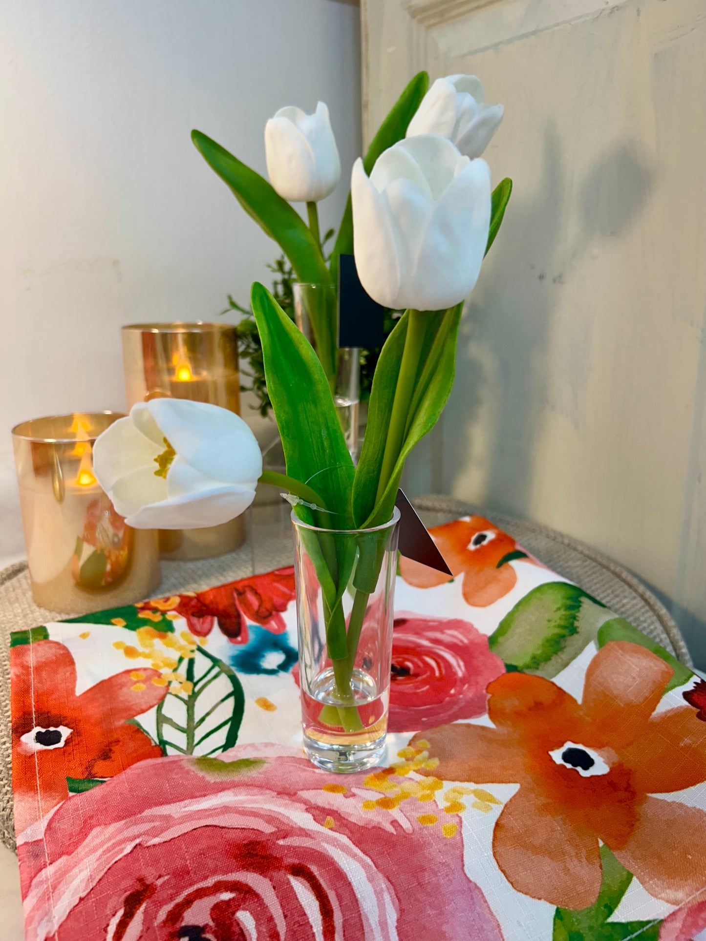 8.5 Inch Pink Real Touch Double Tulip Premade in Glass Cylinder Vase