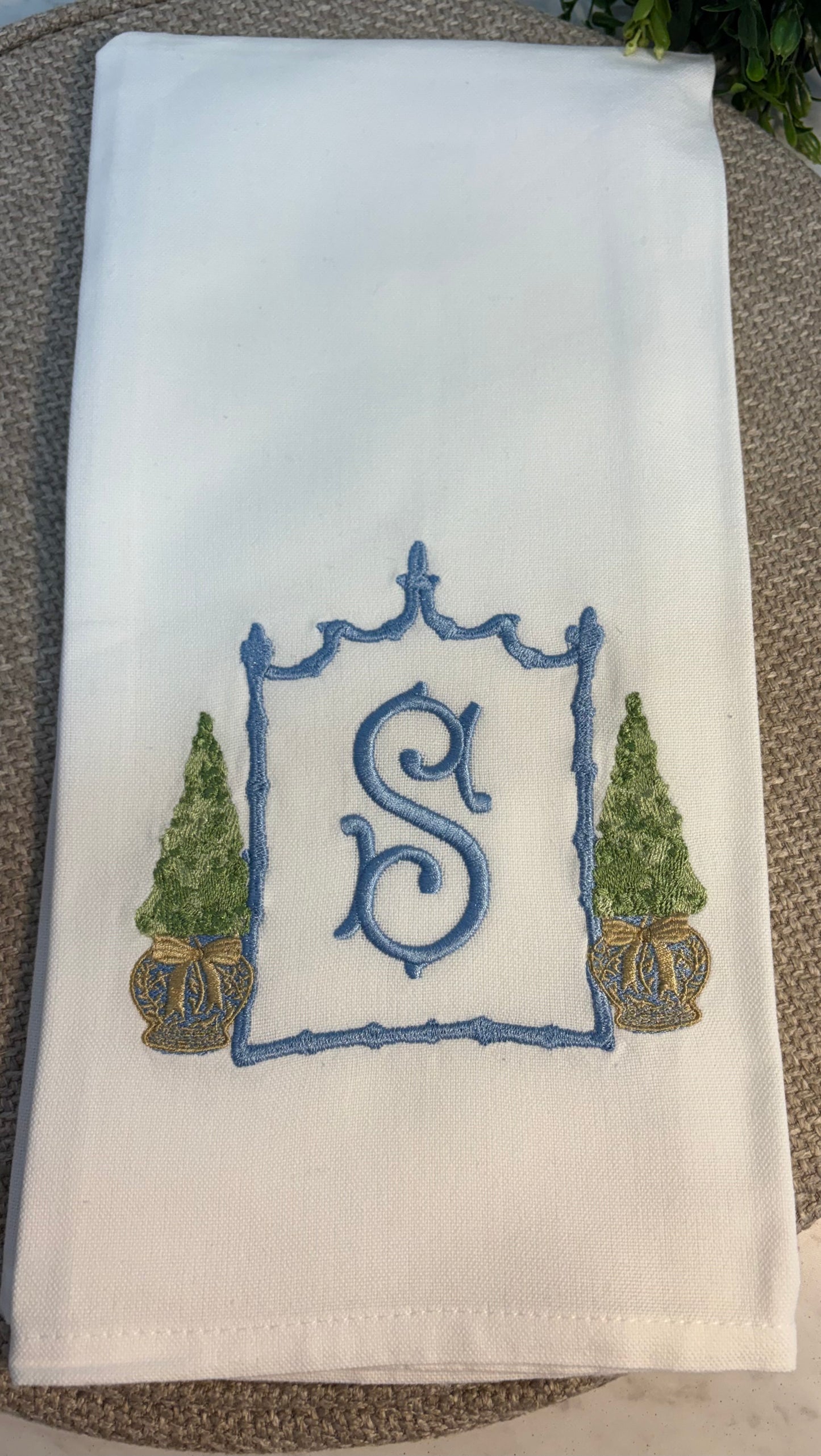 White Monogrammed  Tea Towel