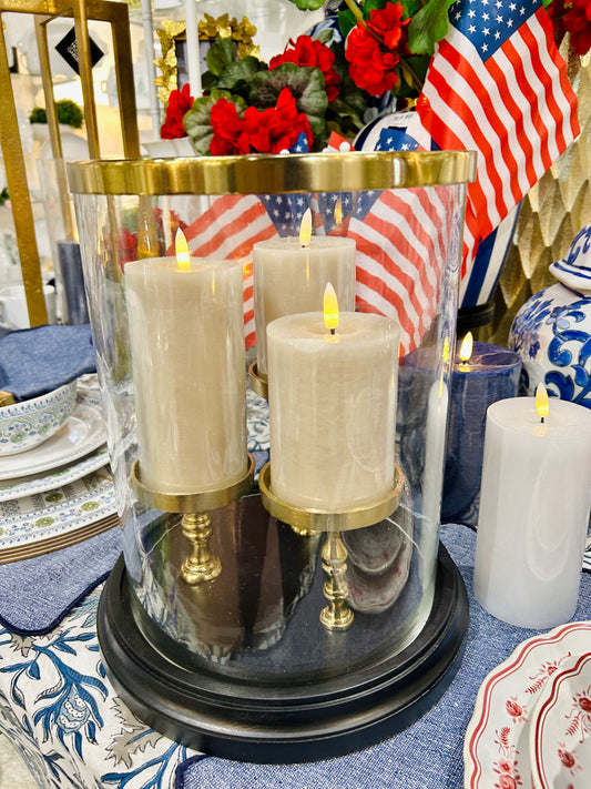 Black & Gold 3-piller Candle Holder with Glass Hurricane